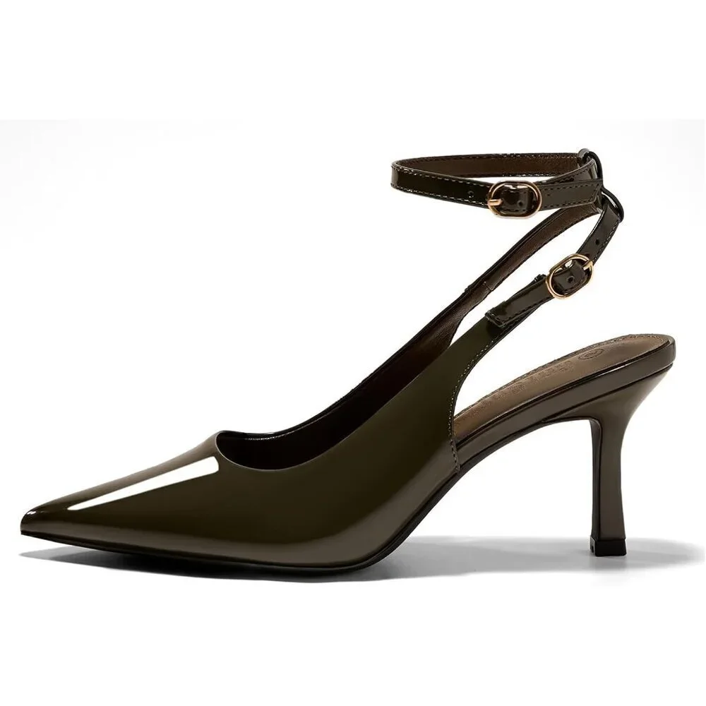 Women's Oil Green Pointed Toe High Heels Slingback Stiletto Ankle Strap Pumps